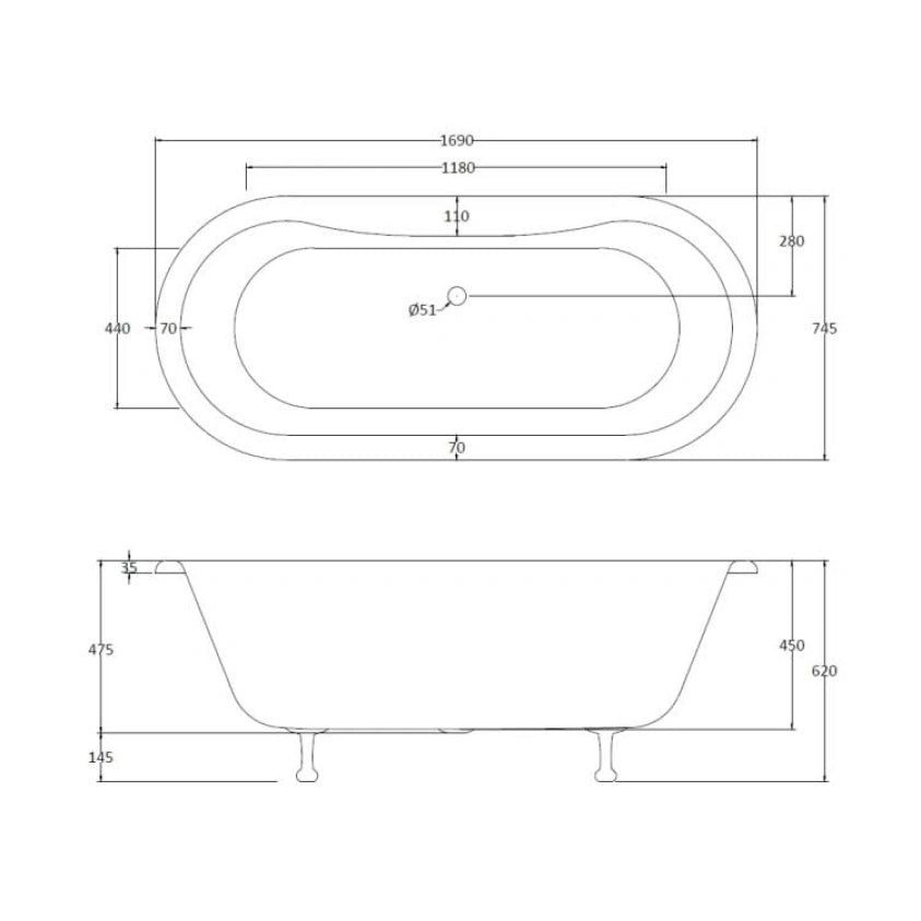BC Designs Elmstead Double Ended Roll Top Freestanding Bath - All Sizes