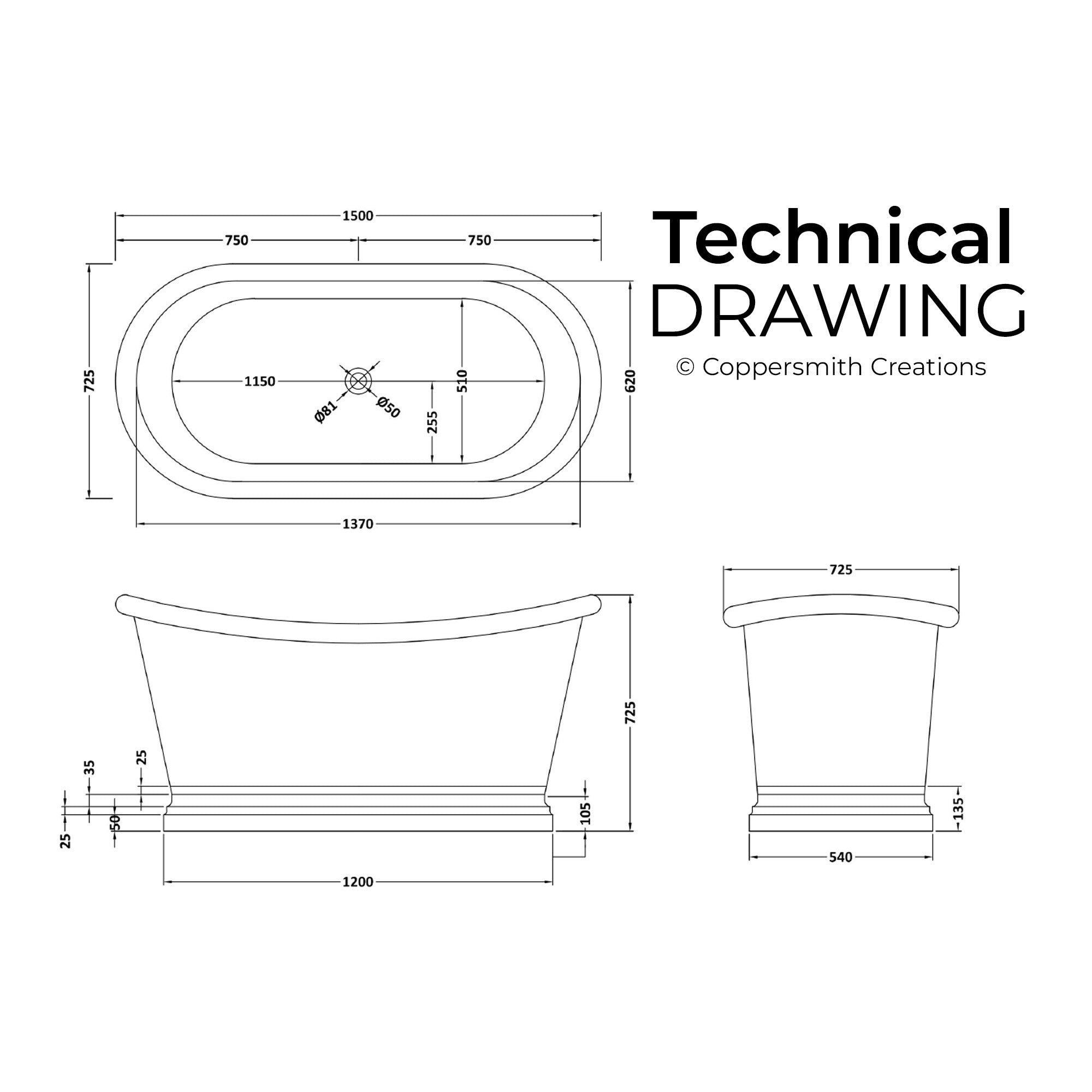 Coppersmith Slanted Cascading Base Copper Bathtub RAL 7024 Graphite grey Exterior & Antique Finish Interior