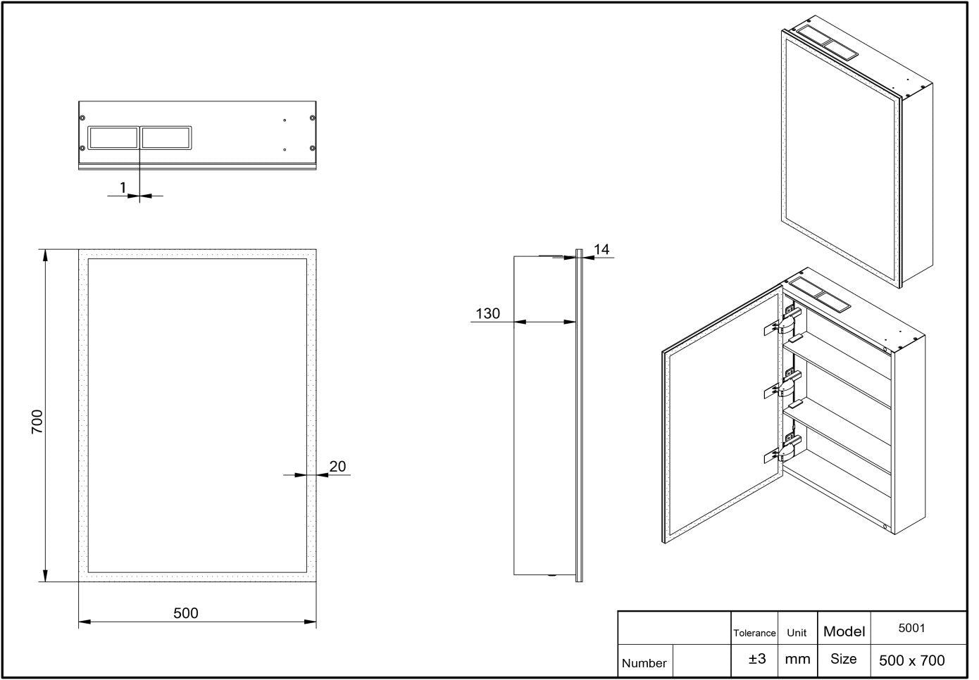 Prospr LED Blue Tooth Cabinet 500x700 Single Door