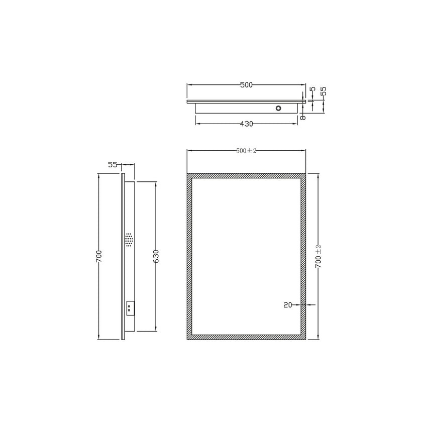 Mosca LED Mirror with Demister Pad and Shaver Socket and Bluetooth 500x700mm