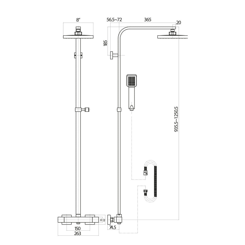 Square Thermostatic Bar Valve with Adjustable Rigid Riser