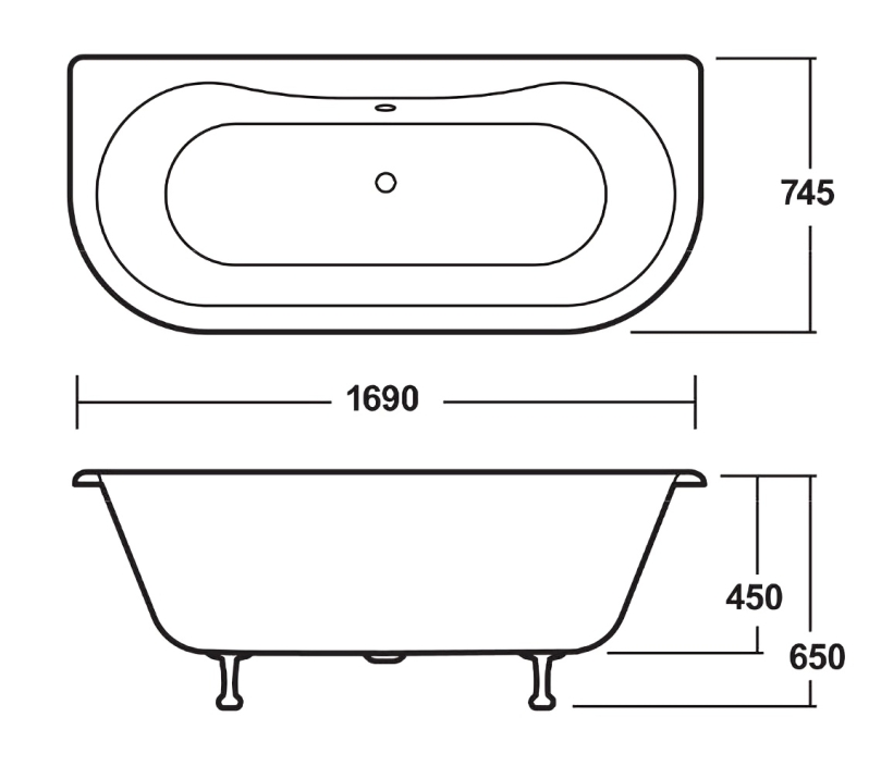 Nuie 1700 Double Ended Back to Wall Roll Top Freestanding Bath