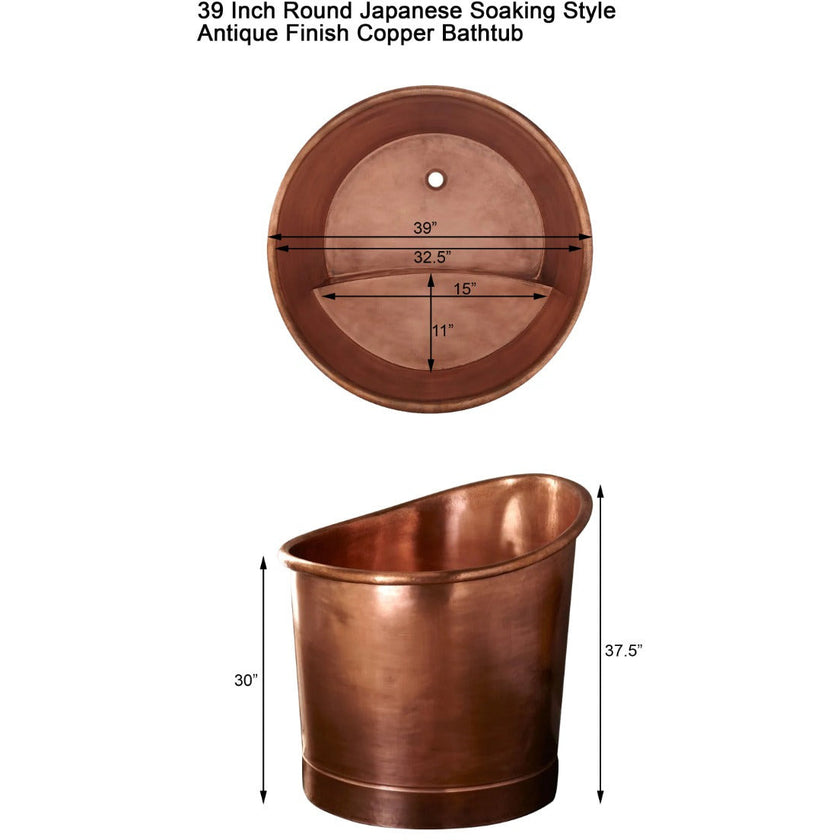 Coppersmith Creations Antique Copper Round Japanese Soaking Freestanding Bath