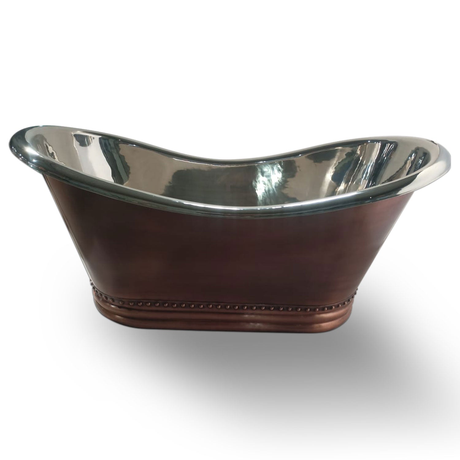 Coppersmith Creations Ribbed Base Smooth Double Slipper Nickel Interior Copper Freestanding Bathtub