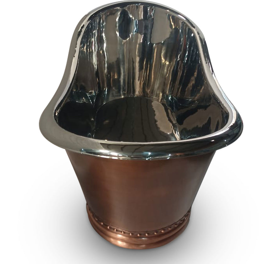 Coppersmith Creations Ribbed Base Smooth Double Slipper Nickel Interior Copper Freestanding Bathtub