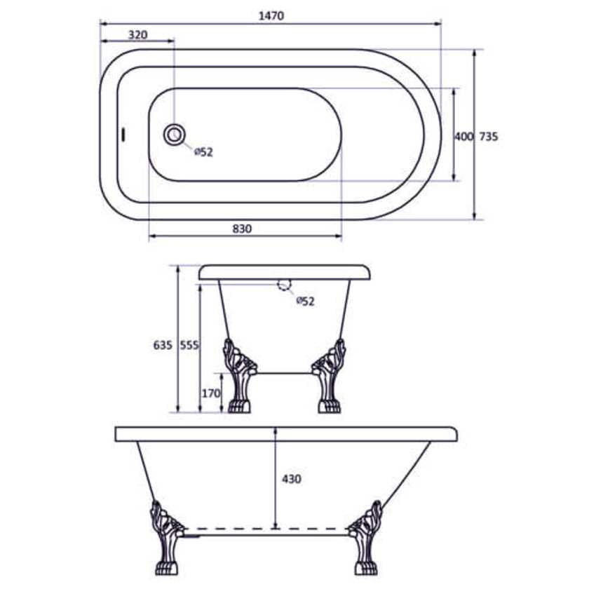 Trojan Uppingham Clawfoot Twin Acrylic Lion Feet NTH Bath White 1570 x 735