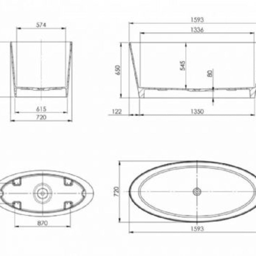 Ramsden & Mosley Bute Oval Gloss White Freestanding Bath 1595 x 720 R0009 BUTE