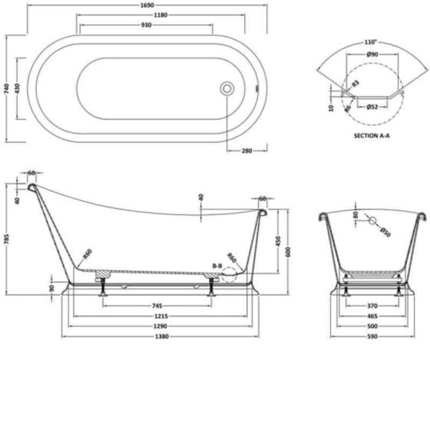 Bayswater Slipper Gloss White Boat Freestanding Bath 1690x750 BAYB114