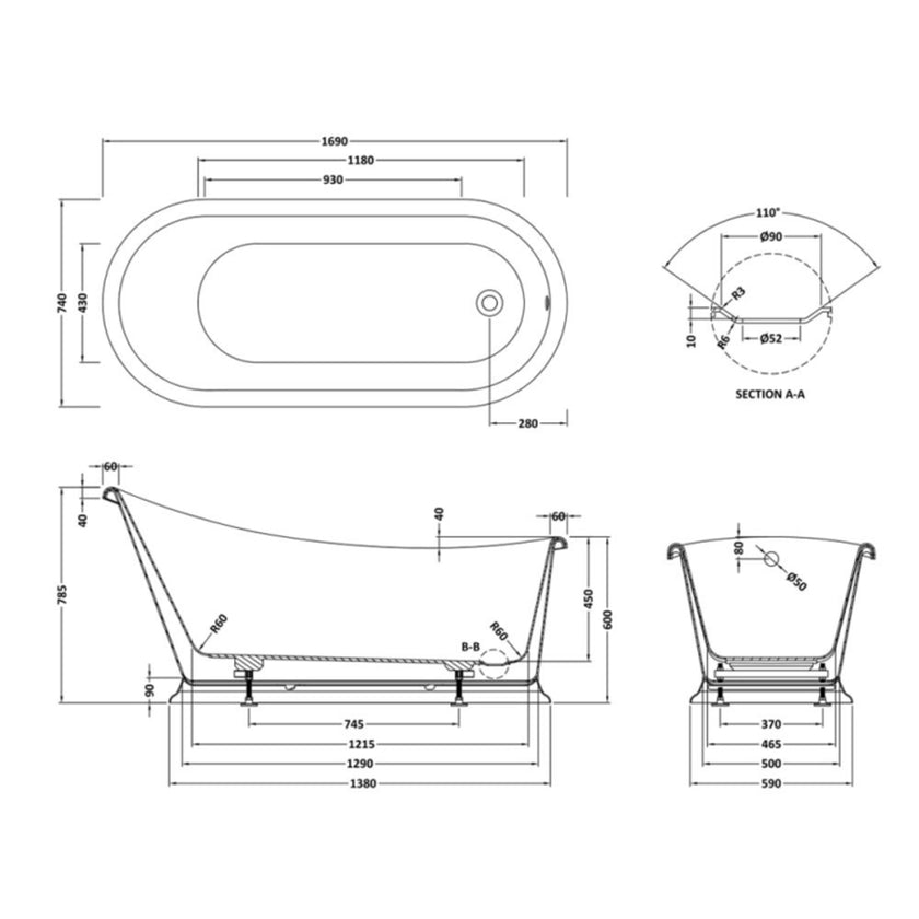 Bayswater Slipper Boat Bath Matt Black 1690 x 750 BAYB121