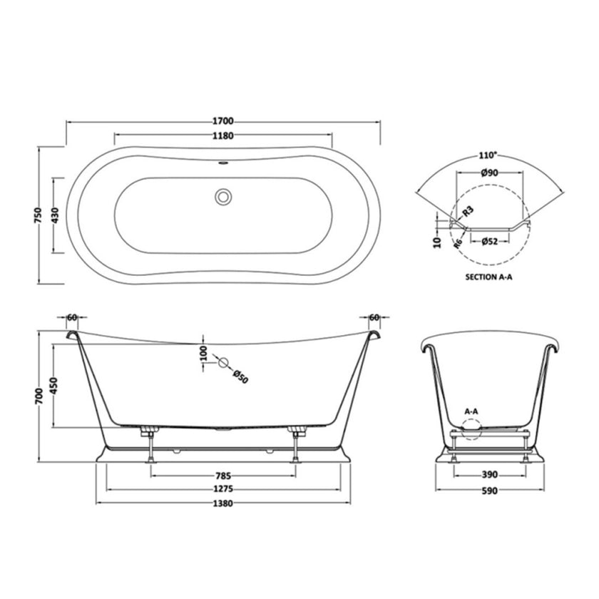 Bayswater Double Ended Boat Bath Matt Black 1700 x 750 BAYB120