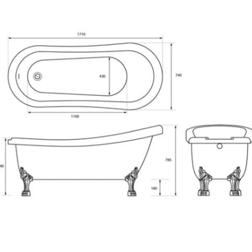 Trojan Eaton Clawfoot White Twin Acrylic Lion Feet NTH Bath 1710 x 740