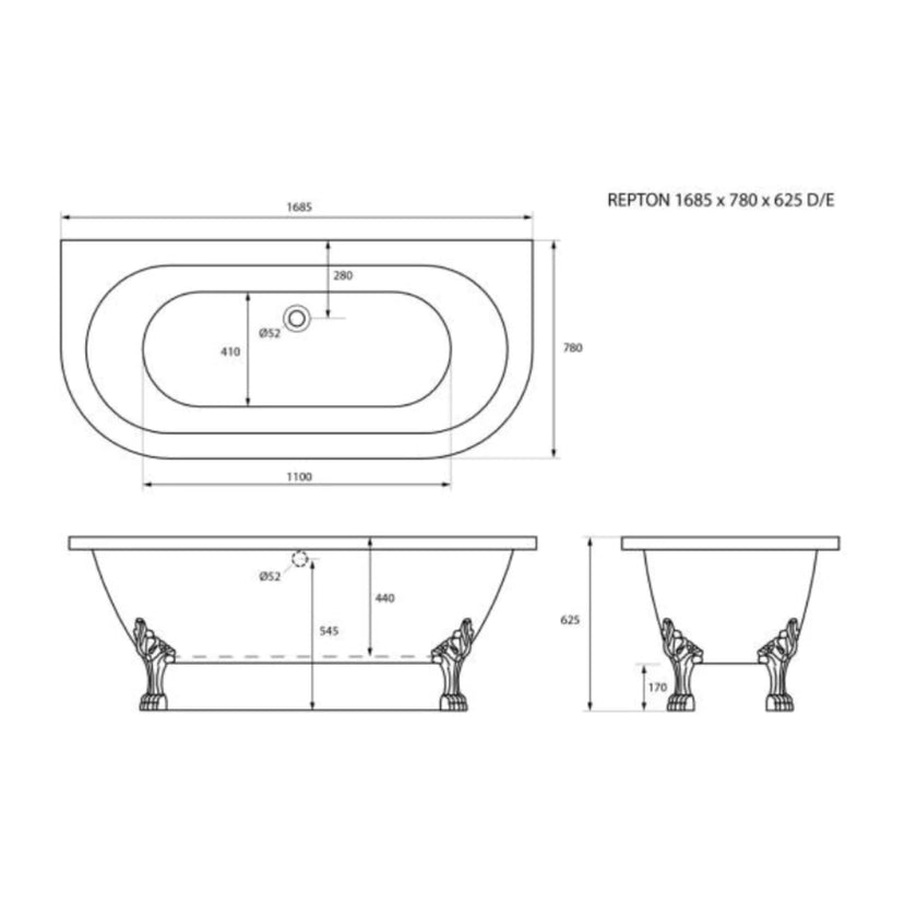 Trojan Repton Clawfoot White Twin Acrylic Lion Feet NTH Bath 1685 x 780