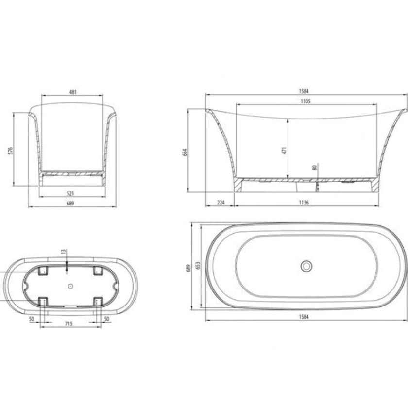 Ramsden & Mosley Jura Double Shaped Gloss White DE Freestanding Bath 1600 x 690