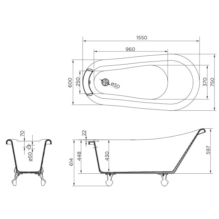 April Eldwick Clawfoot Freestanding Slipper bath 1600 x 750 NTH 74001-A1510