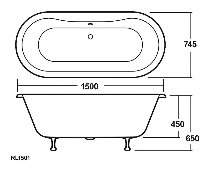 Nuie Grosvenor 1500 Small Double Ended Roll Top Freestanding Bath