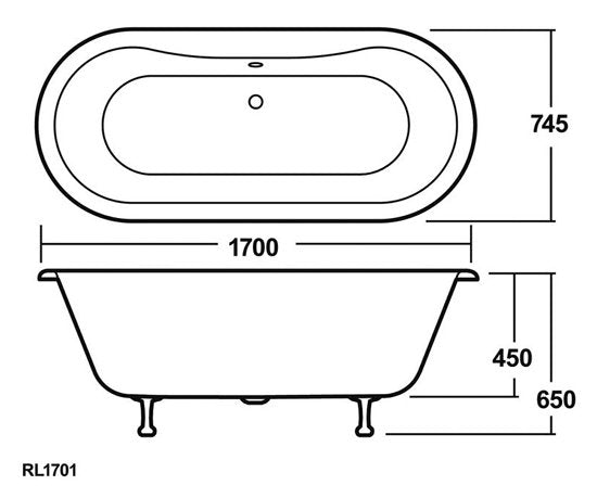 Nuie Grosvenor 1700 x 745mm Double Ended Roll Top Freestanding Bath