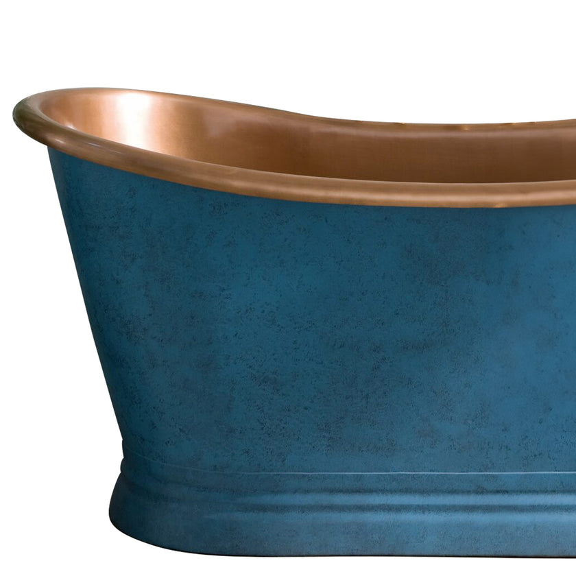 Coppersmith Slanted Cascading Base Copper Bathtub Verdigris Blue Patina Exterior & Antique Finish Interior