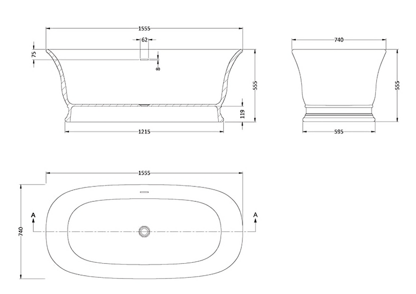 Old London Farringdon L1555 x W740mm Double Ended Freestanding Bath