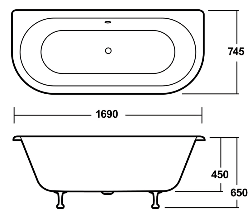 Old London Kenton 1690 x 745 'D' Shaped Back To Wall Freestanding Bath