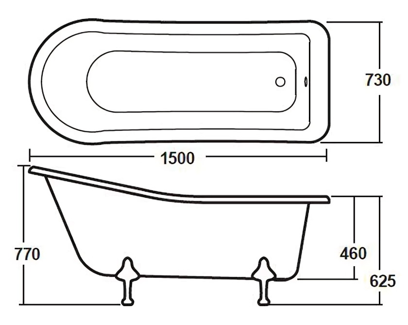 Nuie Kensington 1500 x 730mm Small Roll Top Slipper Freestanding Bath