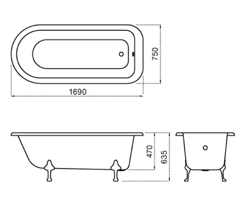 Nuie Berkshire 1700 x 750mm Single Ended Roll Top Freestanding Bath