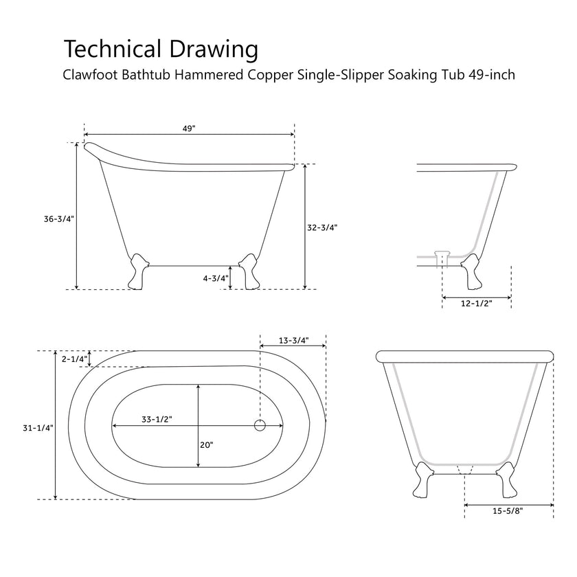 Coppersmith Creations Clawfoot Hammered Copper Single Slipper Freestanding Bath