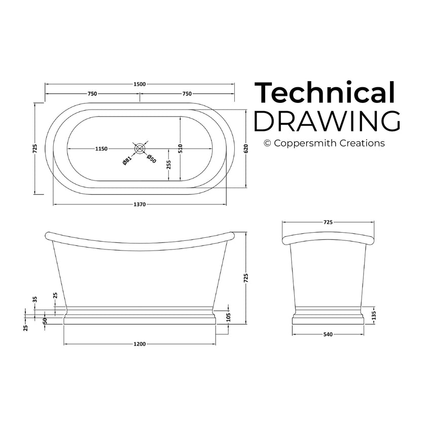 Coppersmith Slanted Cascading Base Copper Bathtub RAL 7024 Graphite grey Exterior & Antique Finish Interior