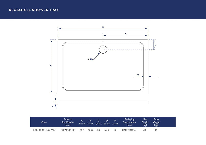 Rectangular 30mm Shower Tray White