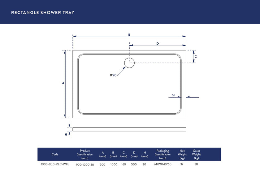 Rectangular 30mm Shower Tray White