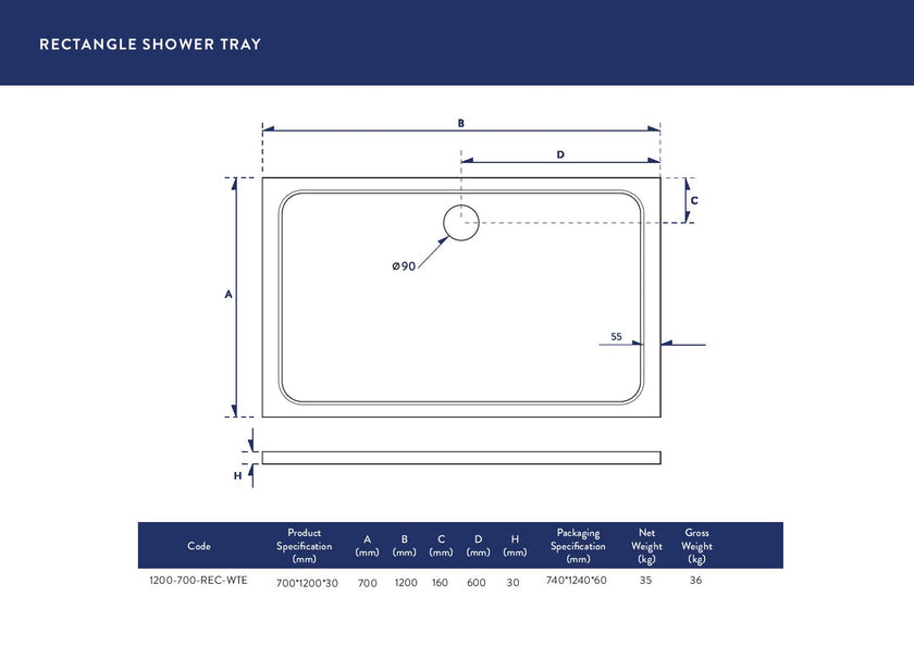 Rectangular 30mm Shower Tray White