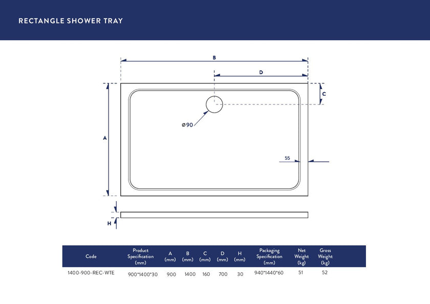 Rectangular 30mm Shower Tray White