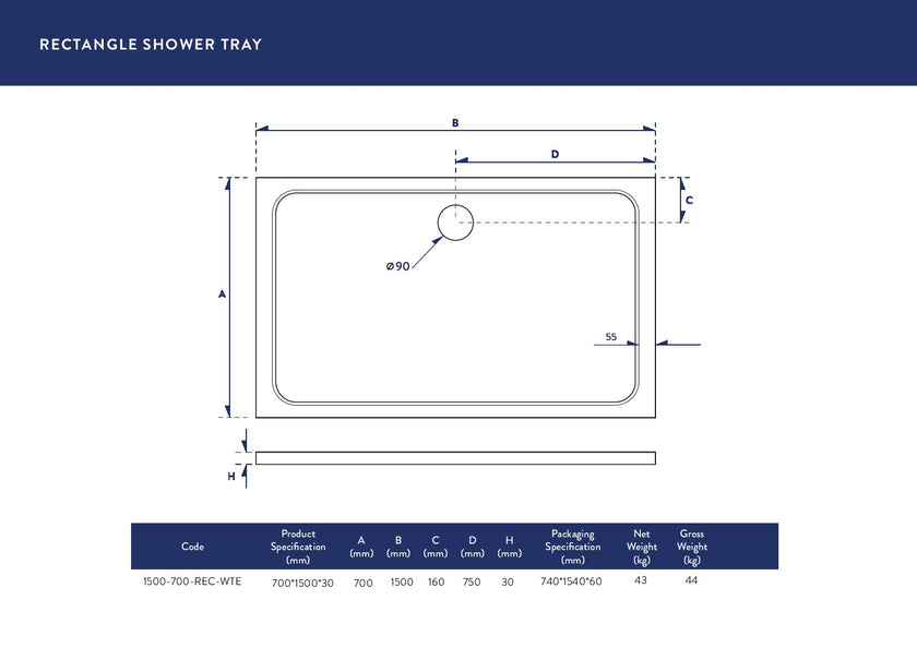 Rectangular 30mm Shower Tray White