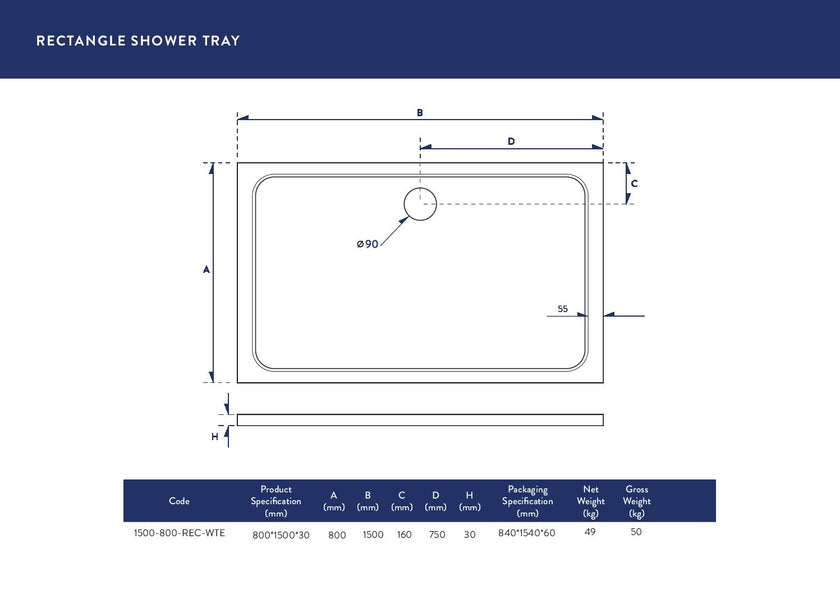 Rectangular 30mm Shower Tray White