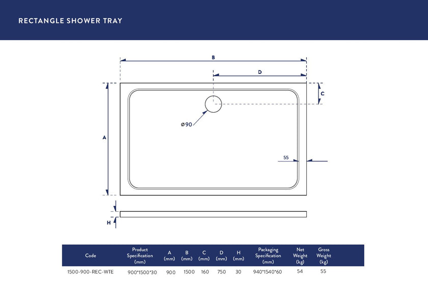 Rectangular 30mm Shower Tray White