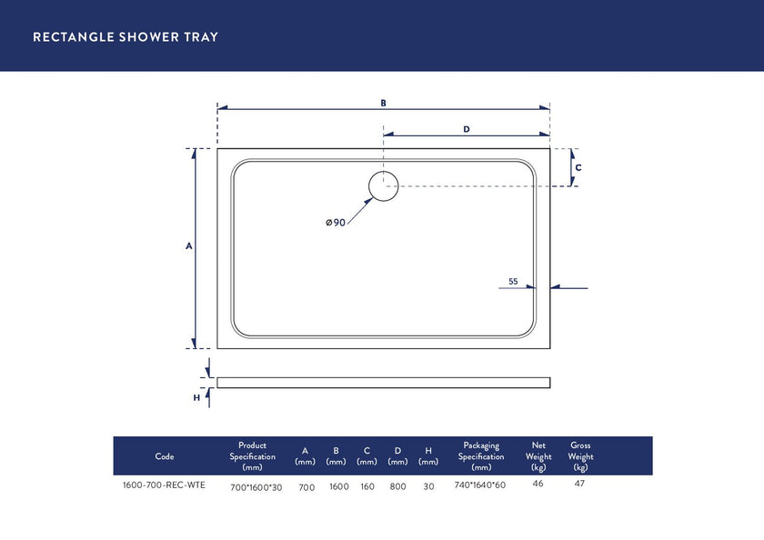 Rectangular 30mm Shower Tray White