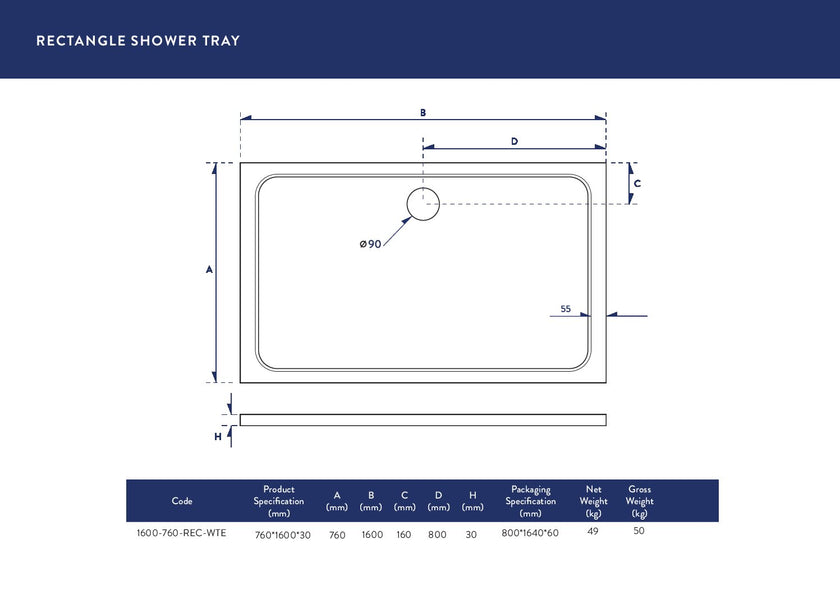 Rectangular 30mm Shower Tray White