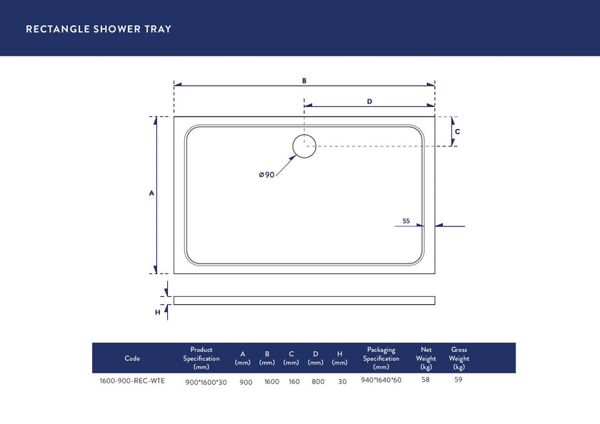 Rectangular 30mm Shower Tray White