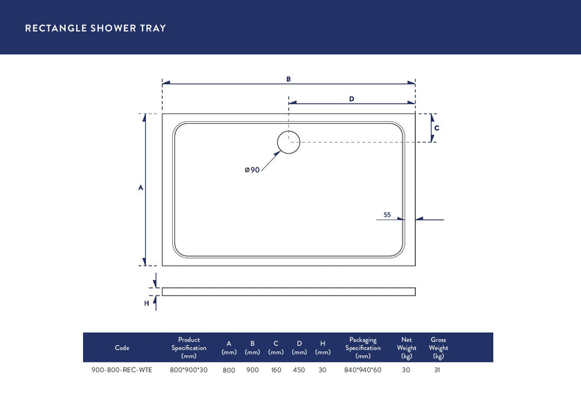 Rectangular 30mm Shower Tray White