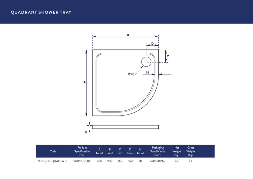Quadrant 30mm Shower Tray White