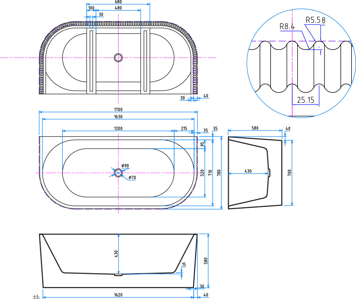 Fluted Back To Wall Bath 1700x800x600