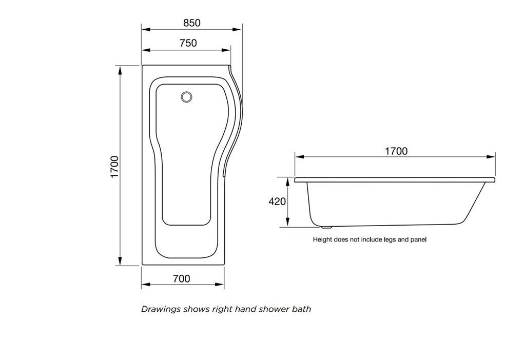 Shower Bath P Shaped 1675x850x750